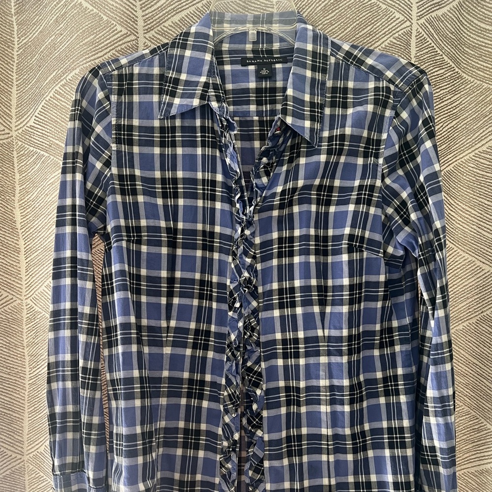 Express long sleeve plaid button up top with light ruffle front